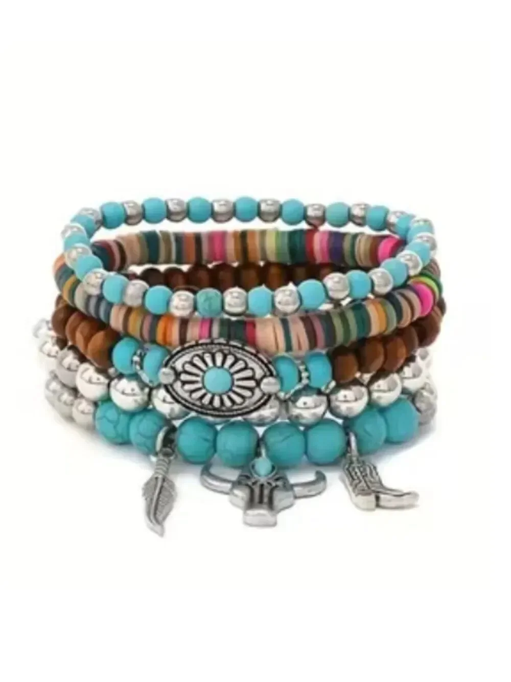 New Western Boho Faux Turquoise Beaded Layered Charm Bracelet Stack Set NWT